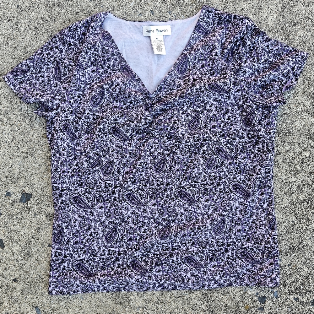 Y2K Babydoll Top Purple Paisley Ruching Vneck Rena Rowan Women's XL Short Sleeve